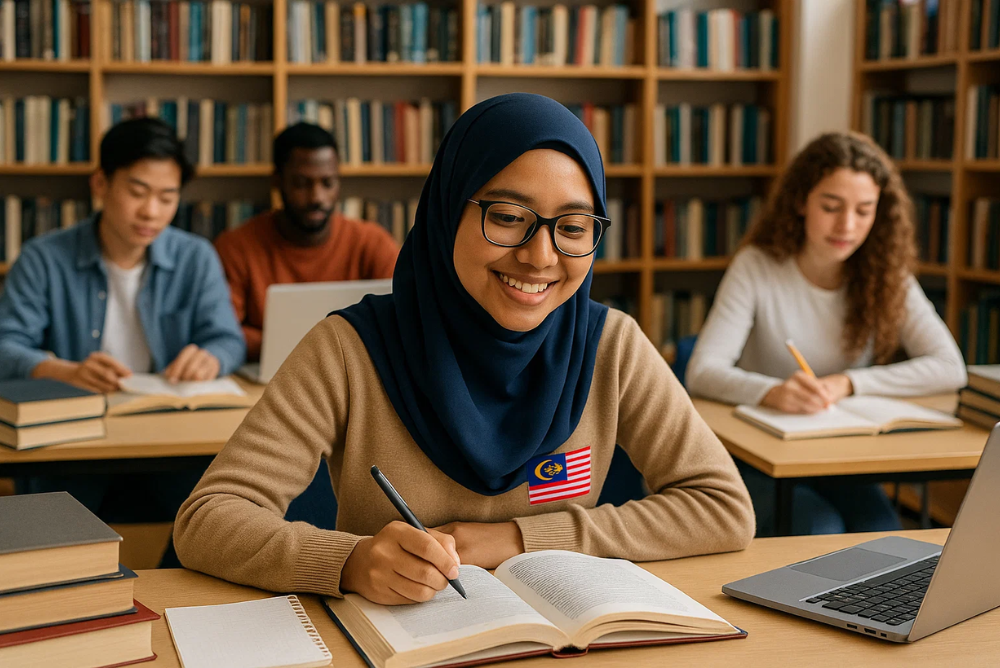 A photo of a Malaysian student in a classroom or studying in a library, surrounded by books and university materials.