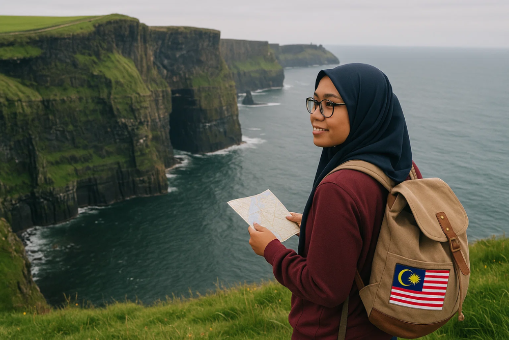 An image of a Malaysian student exploring an iconic Irish landmark, like the Cliffs of Moher or the streets of Dublin.