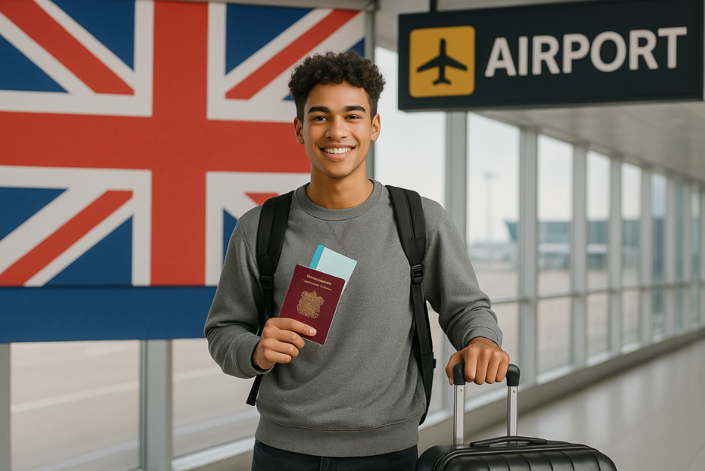 student in airport , happy holding his passport